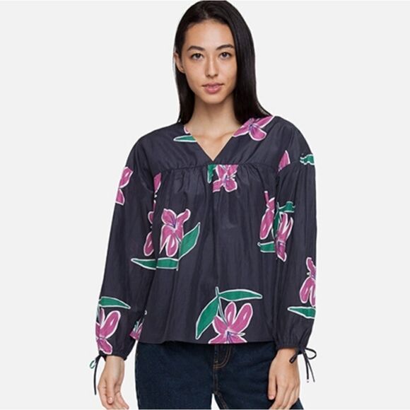 Tucker Bohemian Blouse Hibiscus Bloom in Silk Cotton Floral - Picture 1 of 1